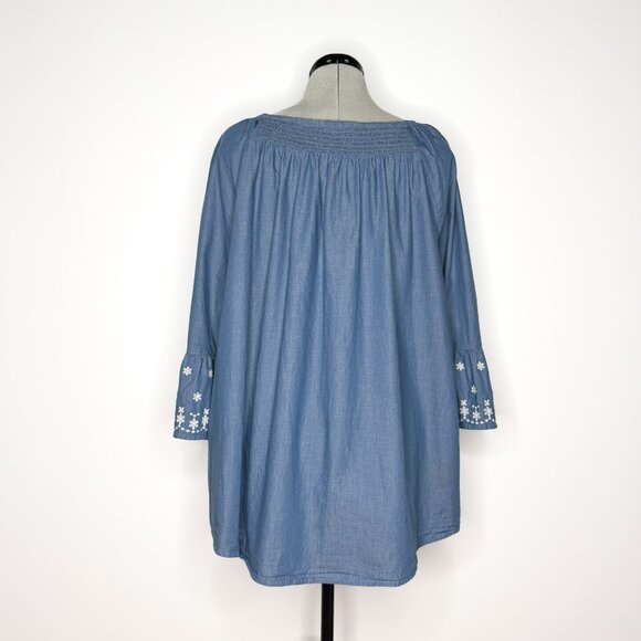Terra & Sky Smocked Neck Denim Blue Tunic with Eyelet Embroidery - 1X - Picture 4 of 8